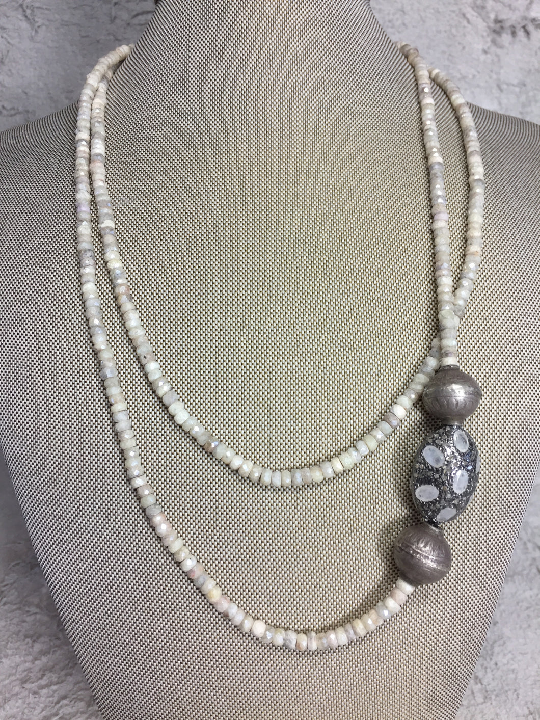 Gray Silverite Beads w/ Antique Sumatran  Silver Beads, Diamond & Moon Stone Bead (42